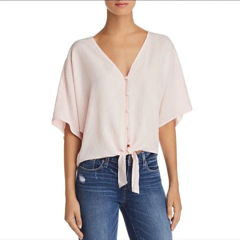 ANTHROPOLOGIE PAIGE Baylee V-Neck Striped Tie Front Blouse Top Pink White Large